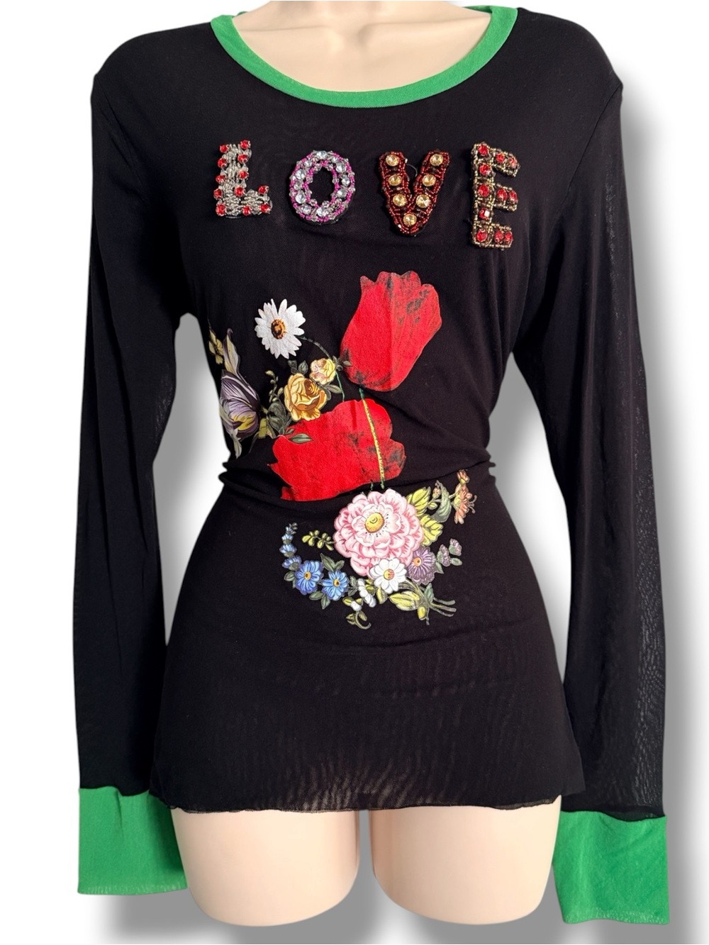 Petit Pois Viviana G Magic Love Top Beaded Mesh Long Sleeve Black Sz Large RARE